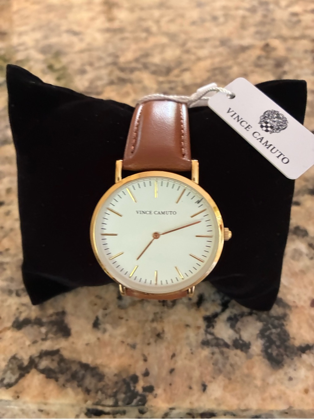 Vince Camuto Gold Tone Case Brown Leather Strap Minimalist Watch